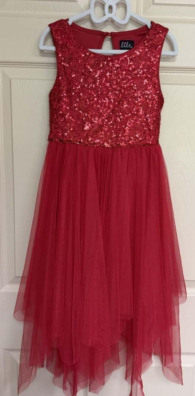 LILT Girls 7 Red Sequin & Tulle Sleeveless Handkerchief Hem Fancy Holiday Dress